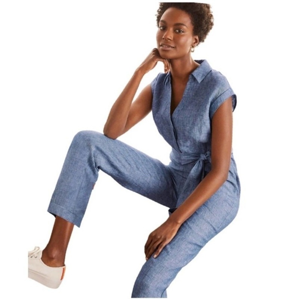 Boden Jumpsuit Women's 8 Tall Catriona Linen Blue Chambray Tie Belt Missing - Picture 14 of 15